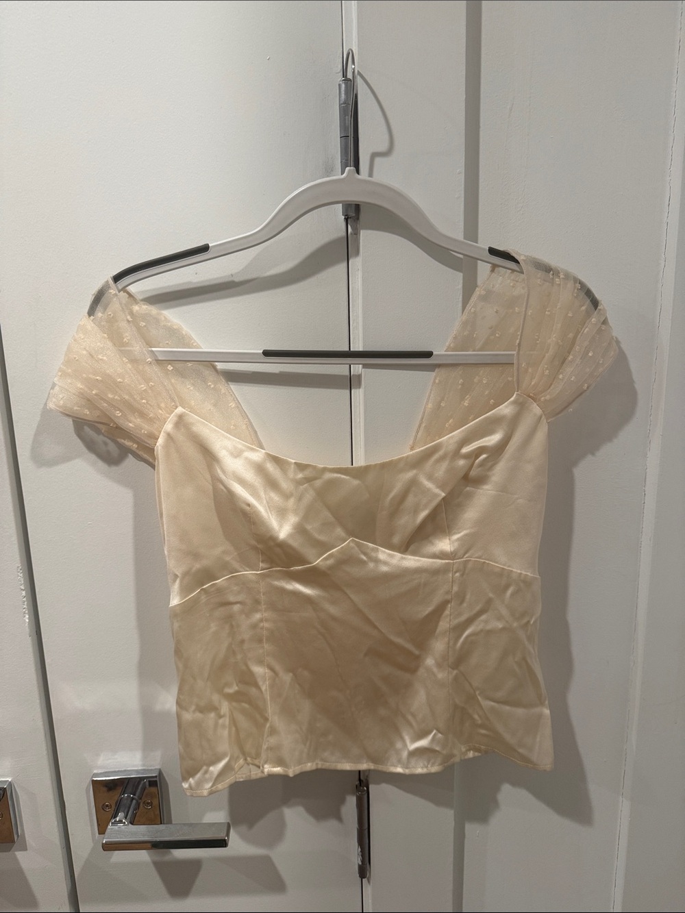 Reformation Ivory Satin Bustier Top with Sheer Dot Cap Sleeves
